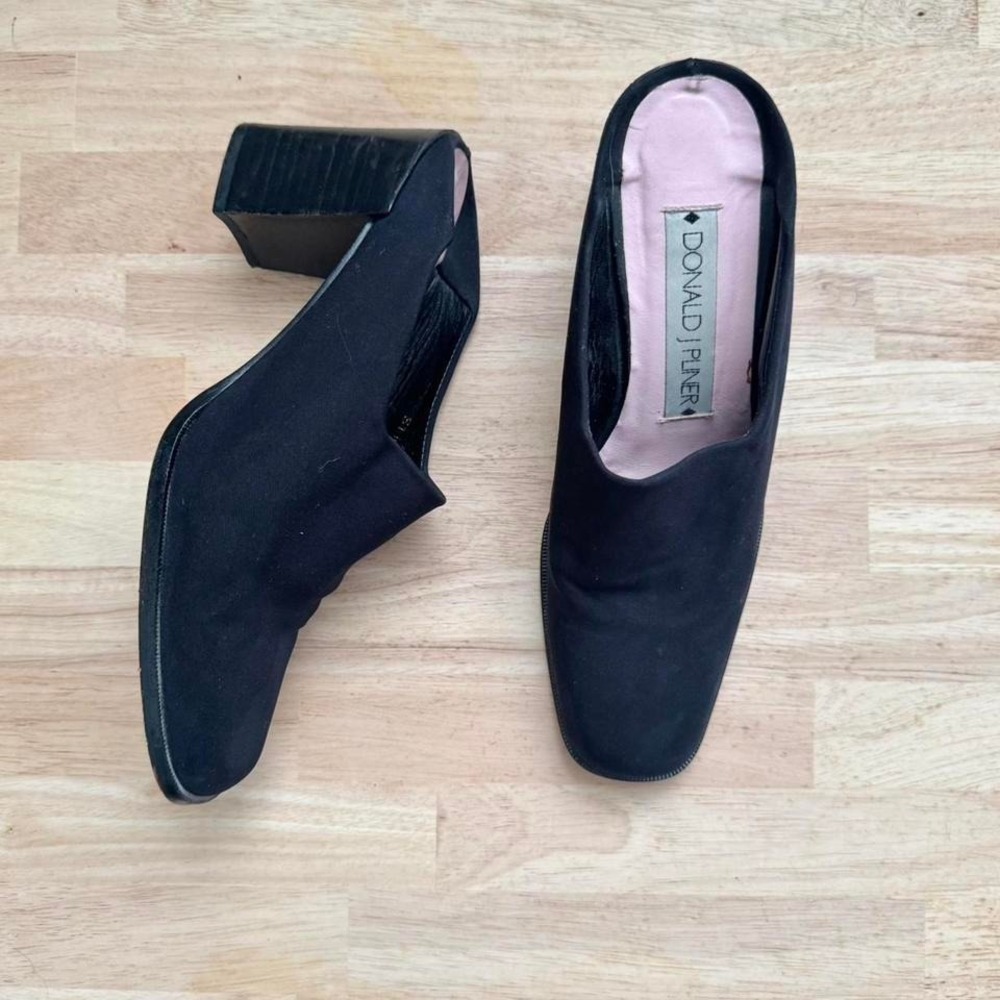 90s black fabric mule size 7 block heel slip on square toe